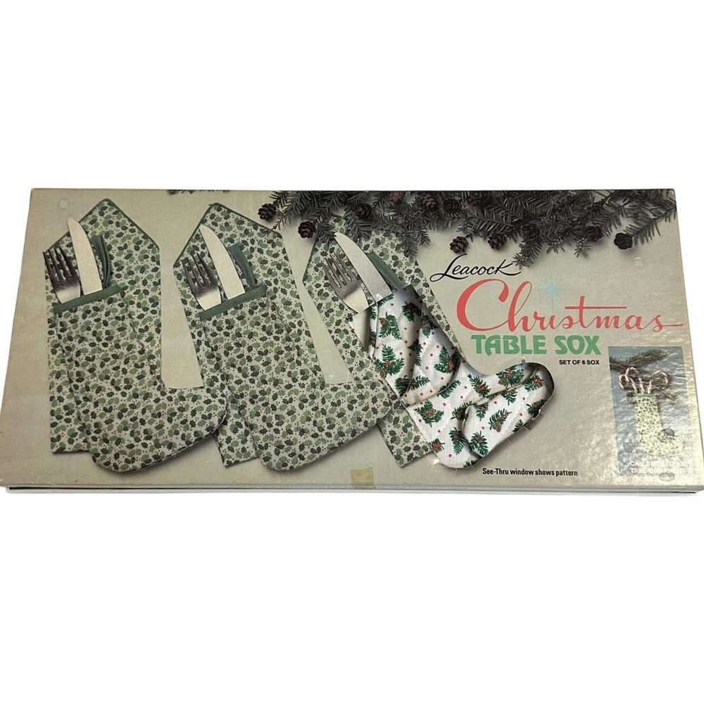 Vintage Leacock Christmas Table Sox Set of 6 Quilted Stocking Cutlery Holders
